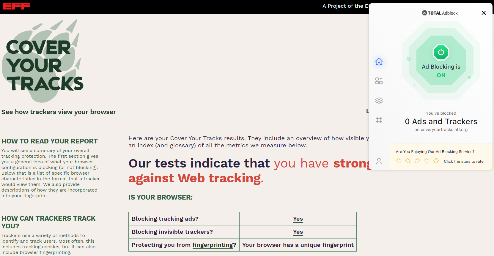 Total Adblock's Cover Your Tracks results (2/3). 