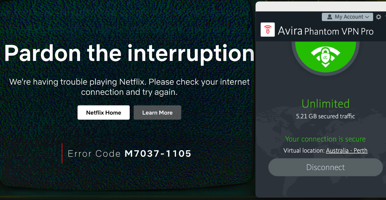 A Netflix error regarding our internet connection with Avira Phantom VPN in the foreground