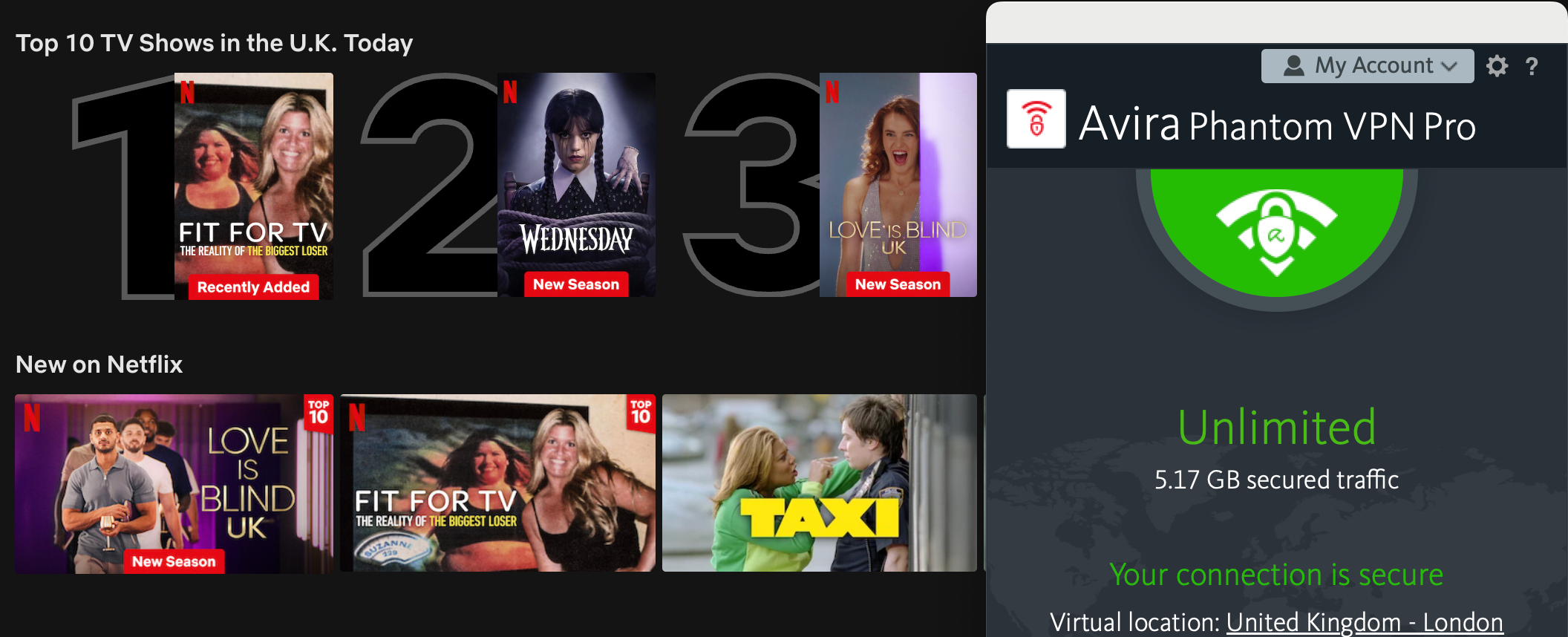 Netflix list of top shows in the U.K. today with Avira Phantom VPN in the foreground