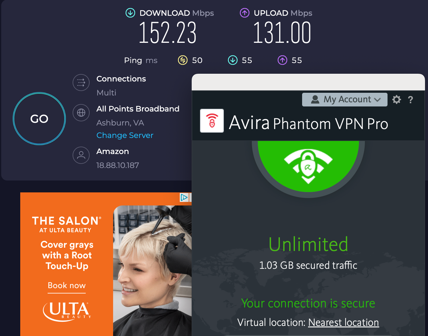 Speed test results for Avira Phantom VPN while connected to a server in Dallas (152.23 download, 131.00 upload, 50 ping). 