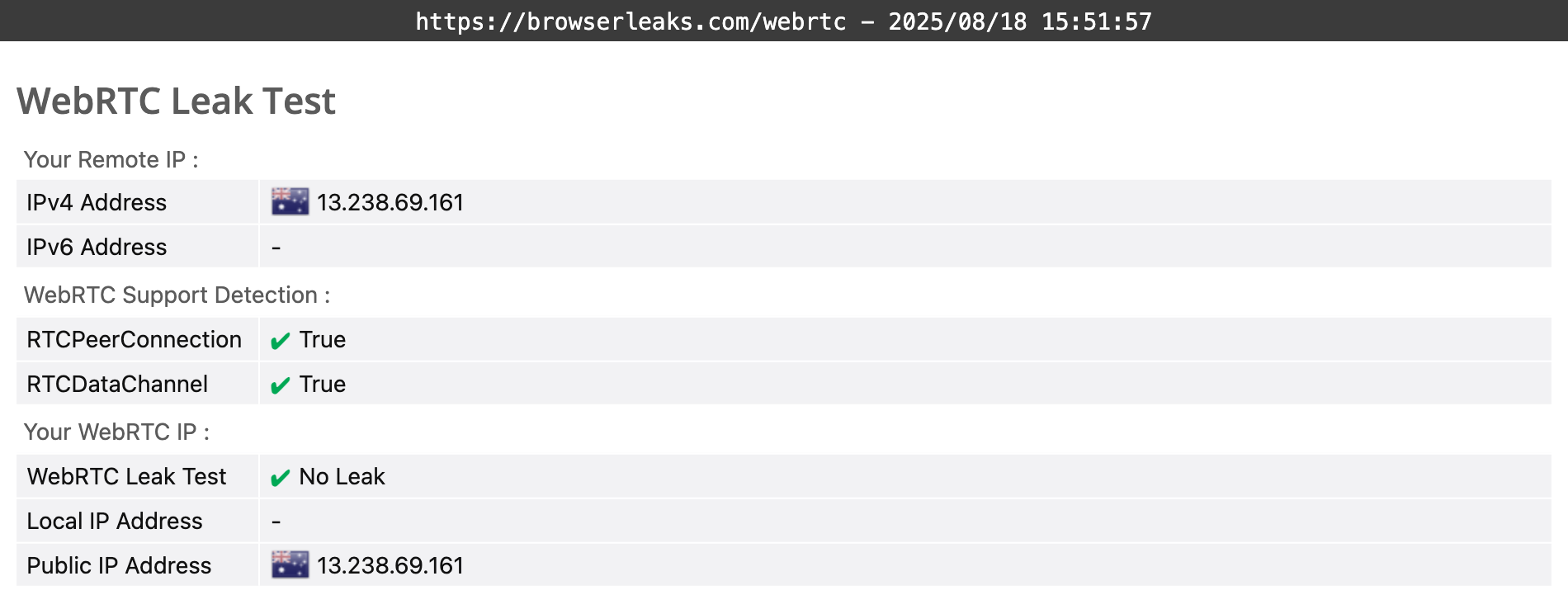 Avira Phantom VPN's WebRTC leak test results (passed).
