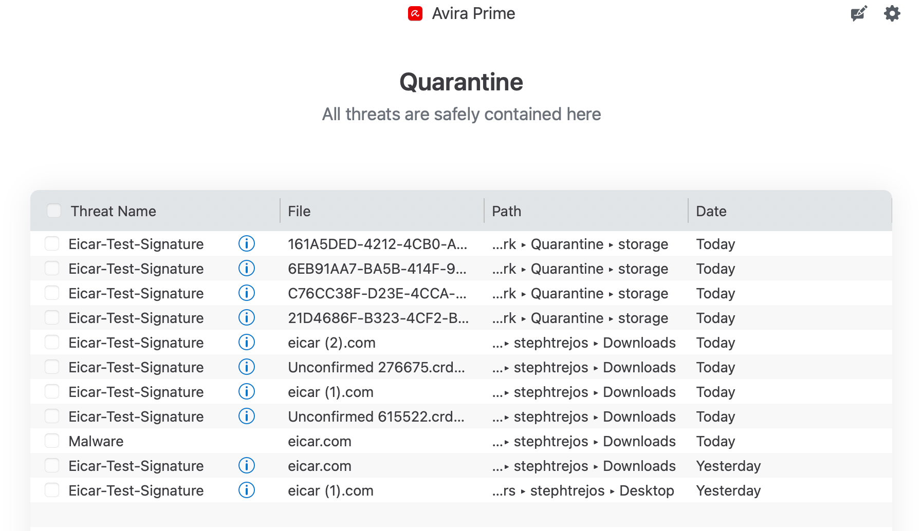 Avira Prime quarantine tab showing list of captured EICAR files