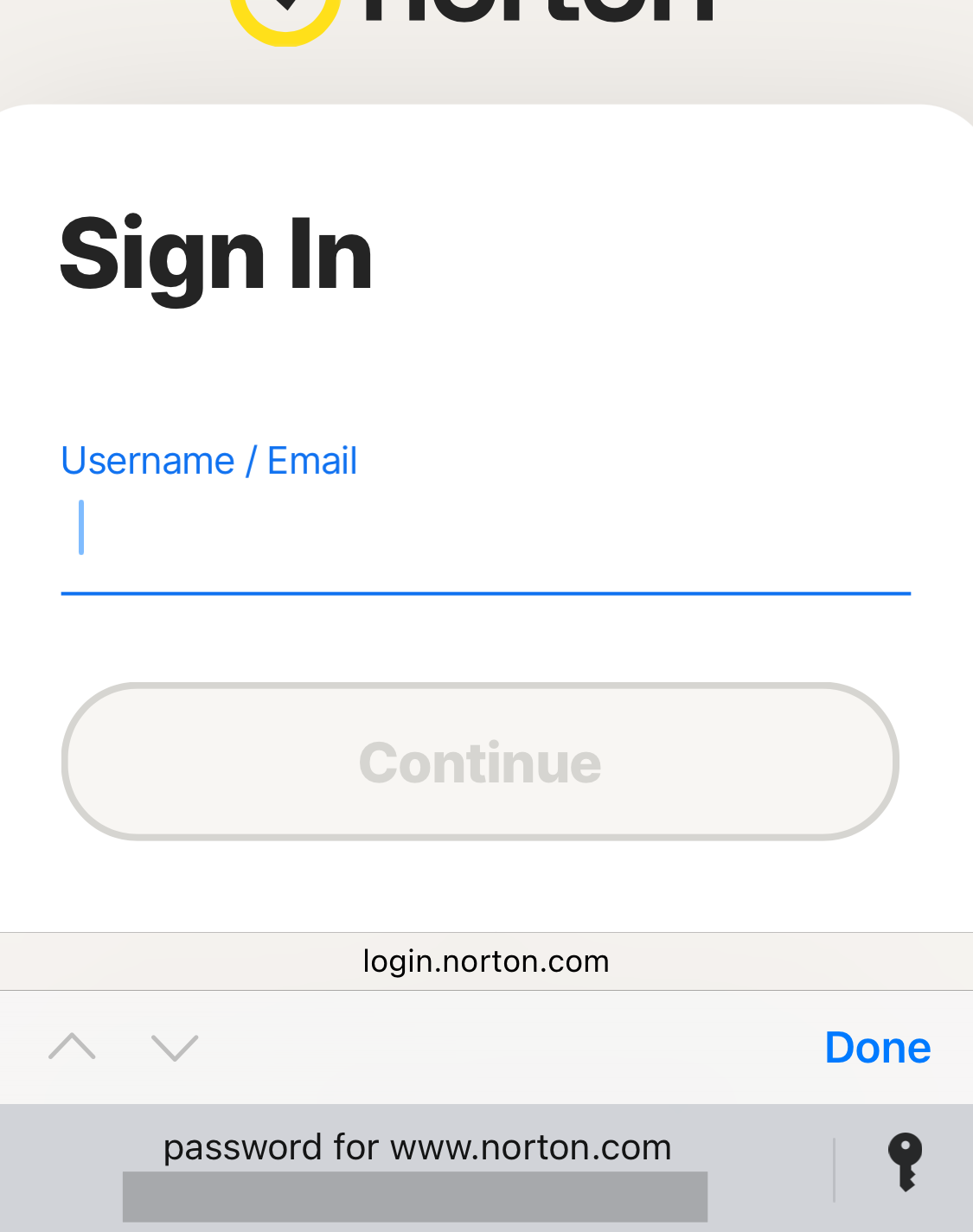 Norton sign in page with a pop-up from Bitwarden to autofill the username/email