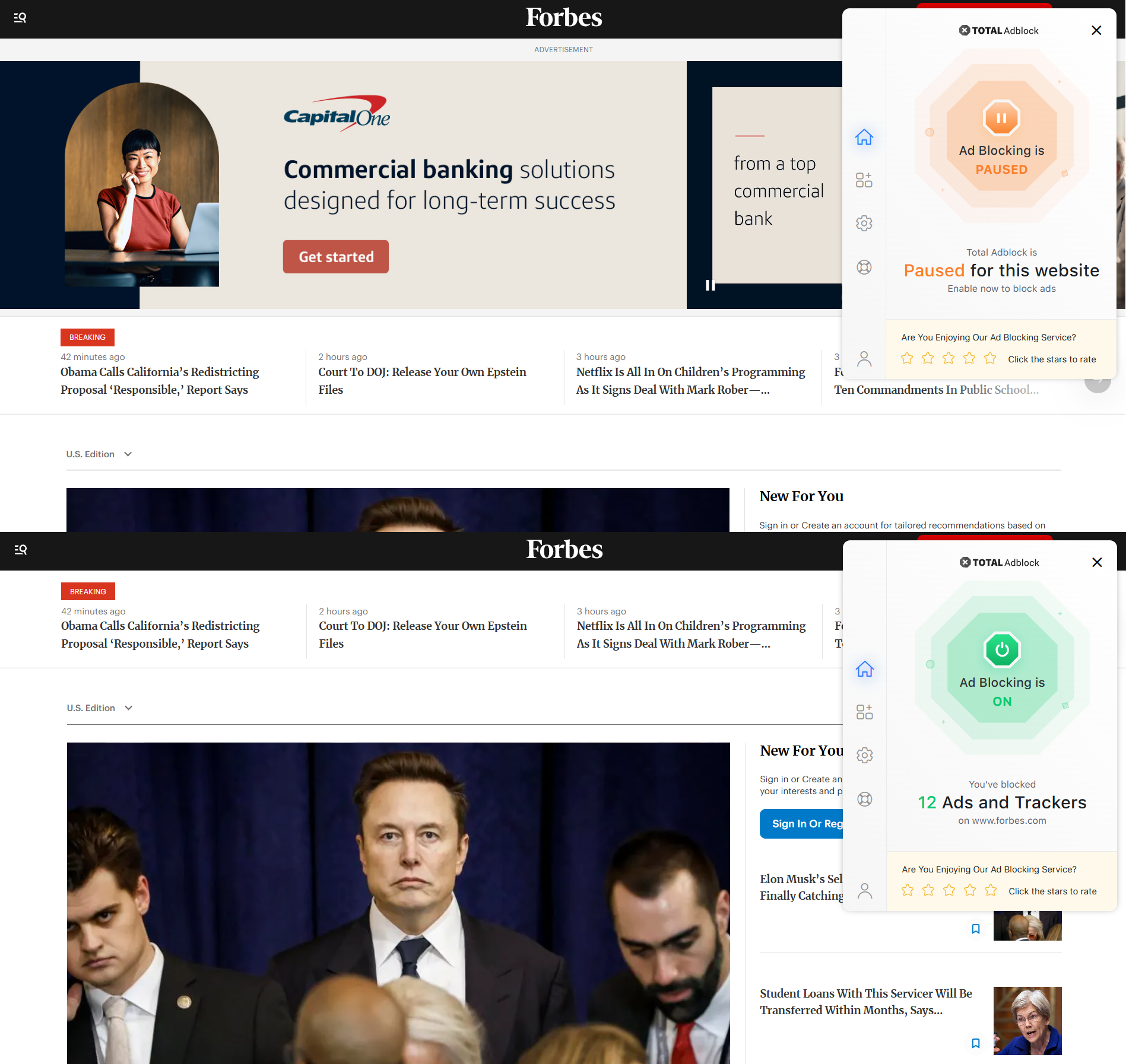 Forbes homepage, first with Total Adblock paused and then with Total Adblock enabled.
