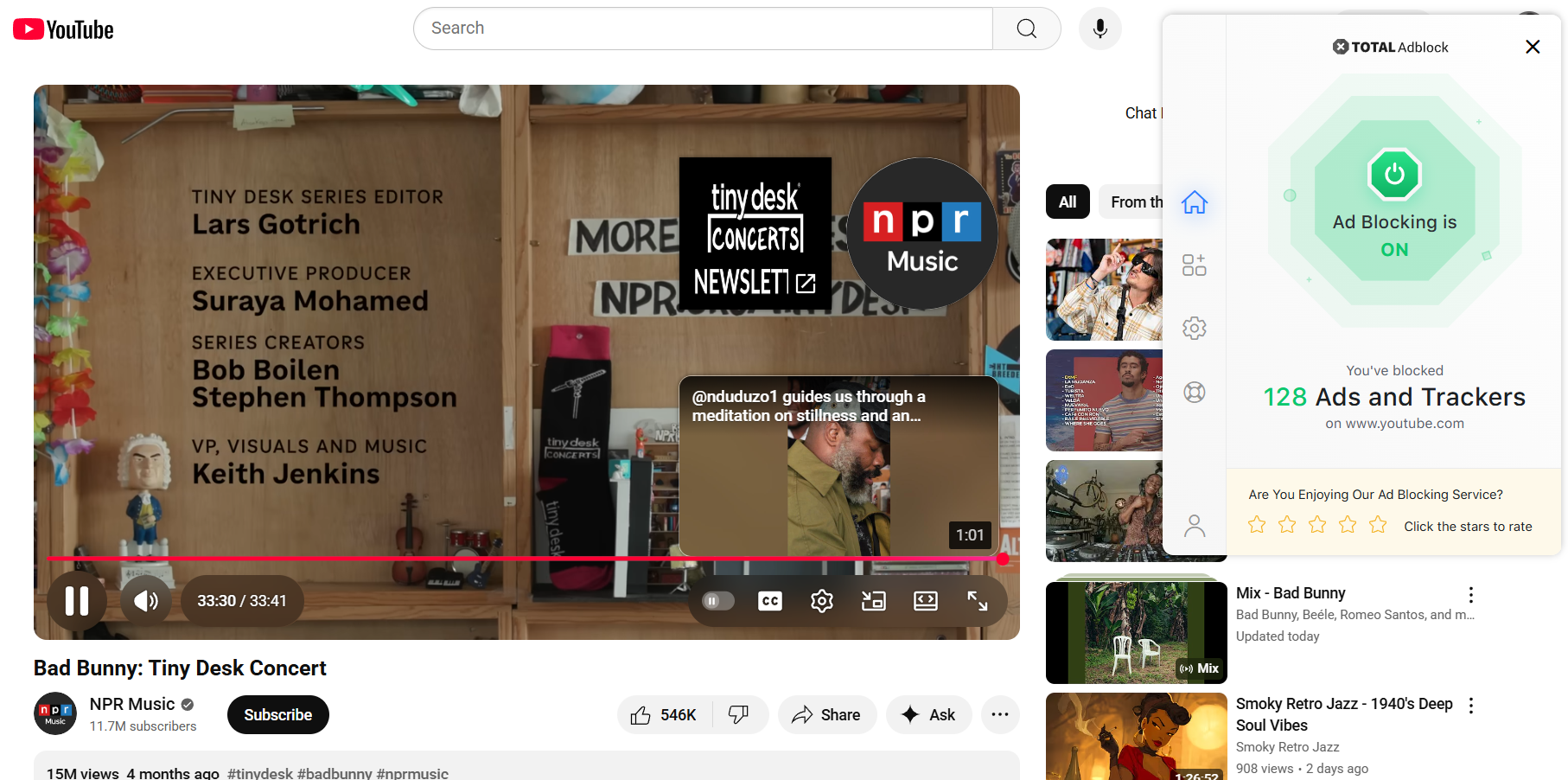 End of a YouTube video with Total Adblock Pls extension open in the foreground
