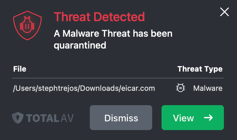 Pop-up from TotalAV notifying that its quarantined an EICAR file