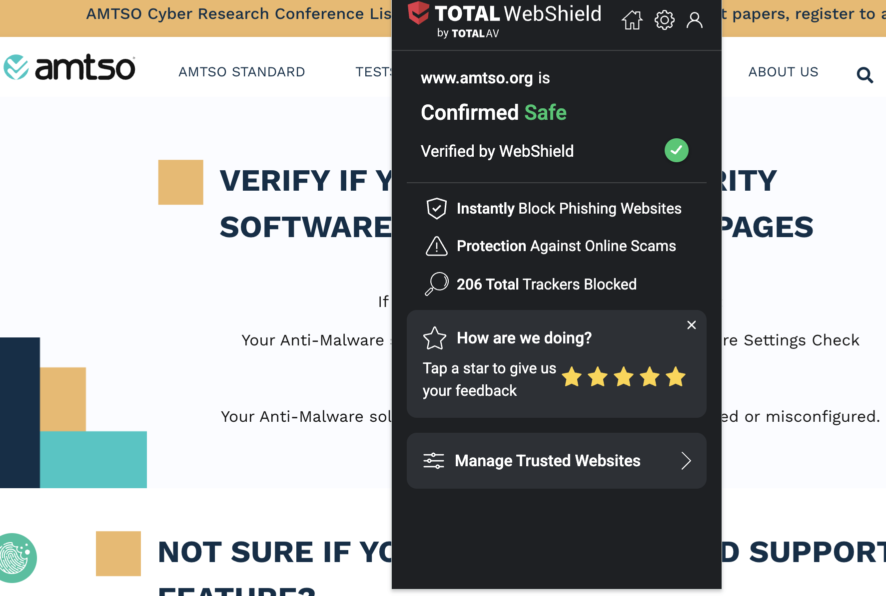 TotalAV Web Shield extension open on EICAR phishing test page