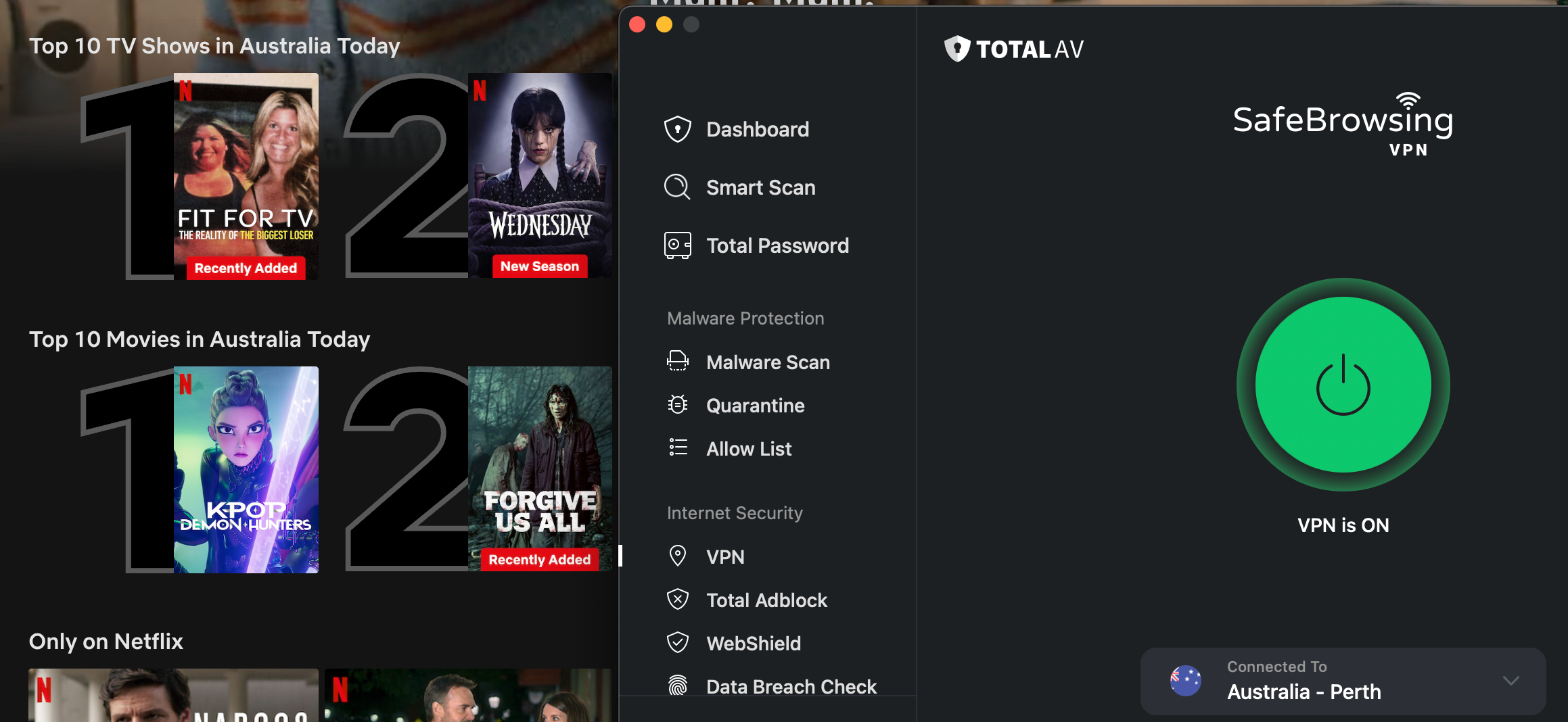 Netflix list of top shows and movies in Australia today with Total VPN in the foreground