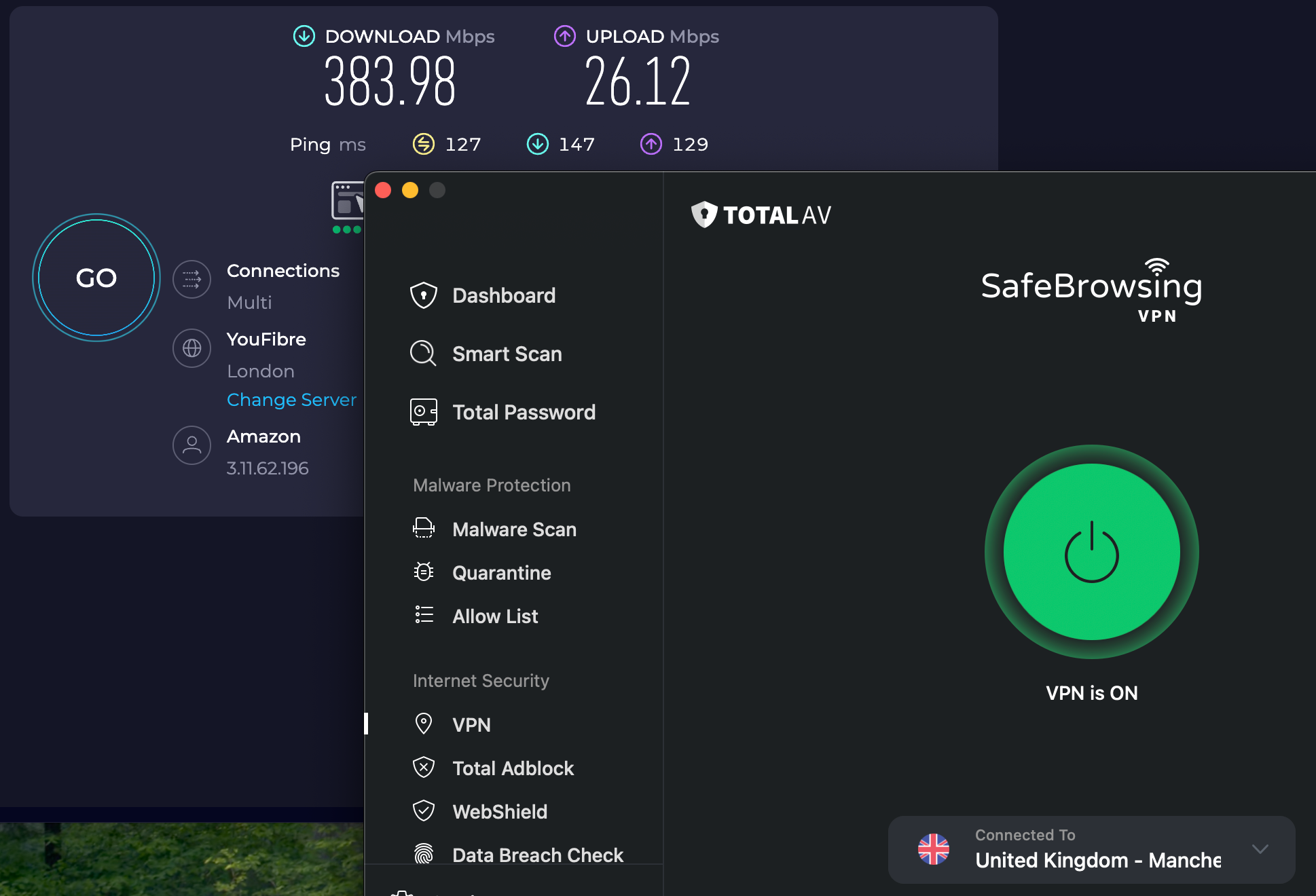 Speed test results for Total VPN while connected to a server in London (383.98 download, 26.12 upload, 127 ping)