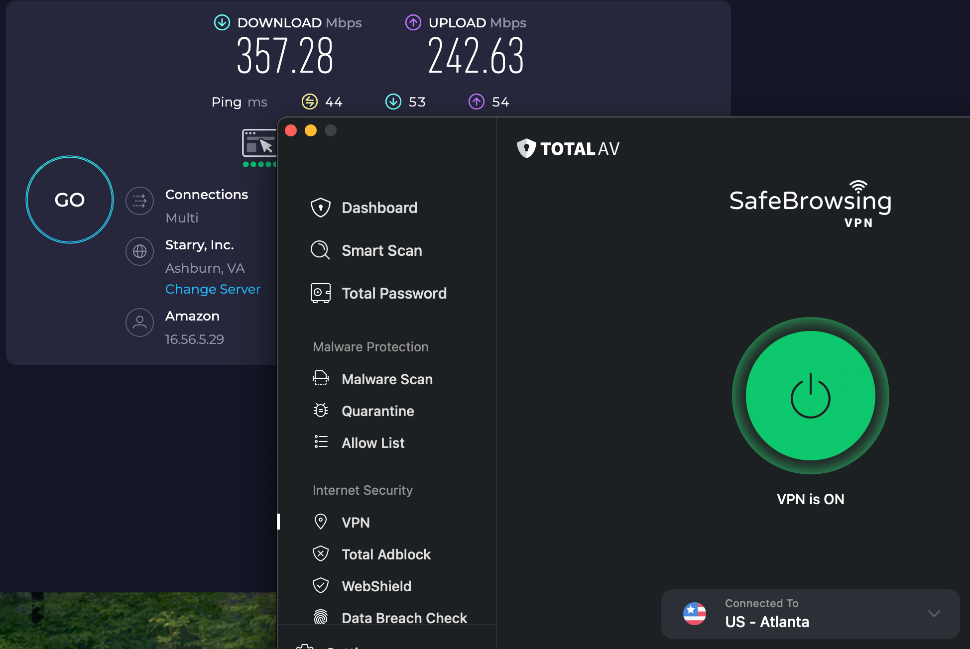 Speed test results for Total VPN while connected to a server in Atlanta (357.28 download, 242.63 upload, 44 ping)