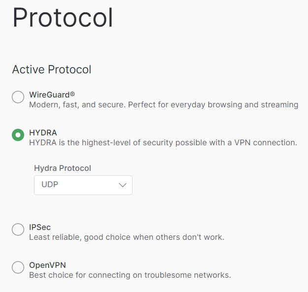Total VPN app list of protocol (WireGuard, HYDRA, IPSec, and OpenVPN)