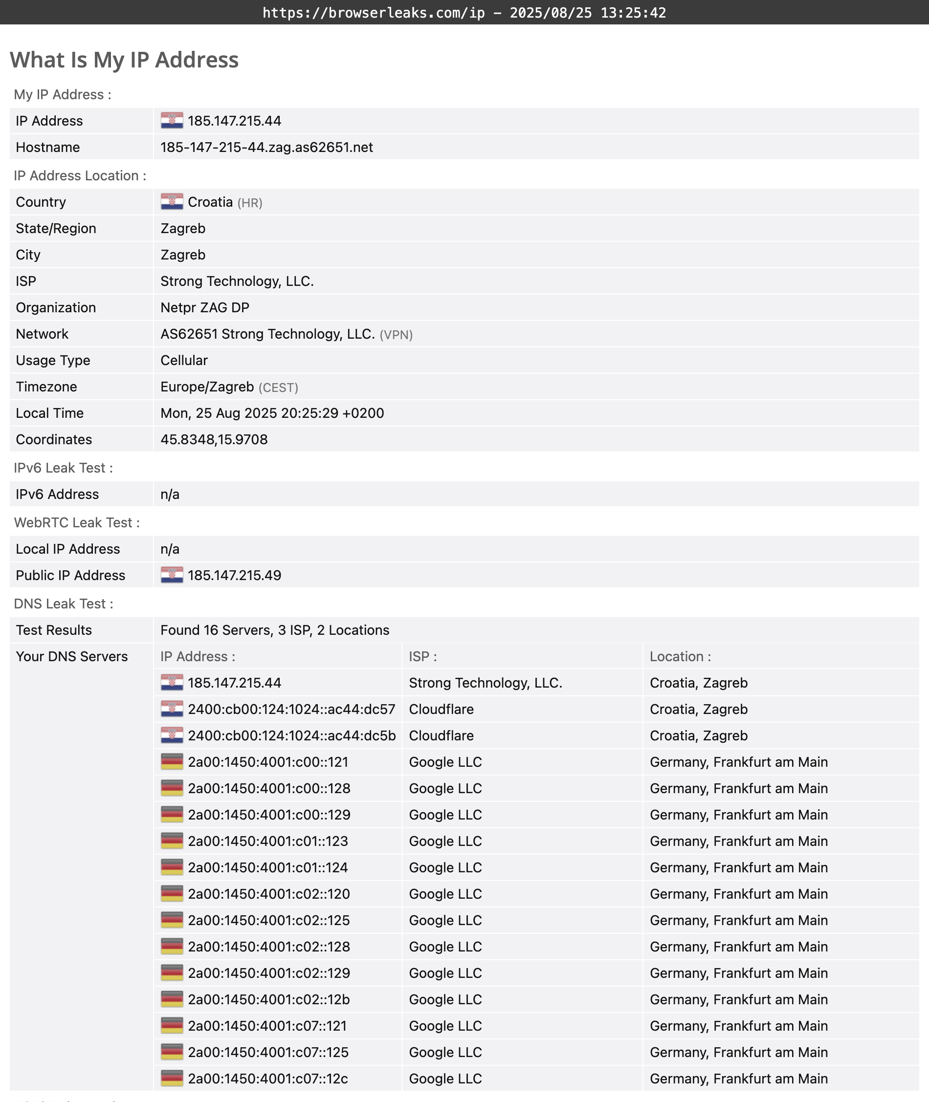 Bitdefender VPN's DNS leak test results (pass)