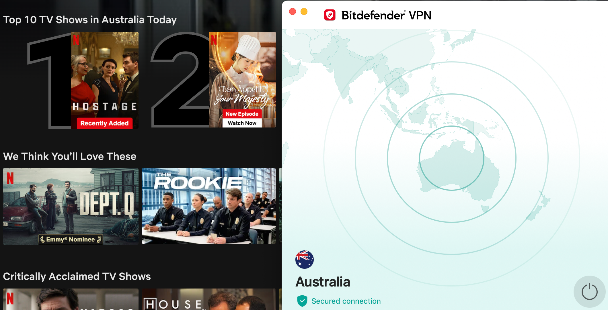 Netflix list of top shows in Australia today with Bitdefender VPN in the foreground