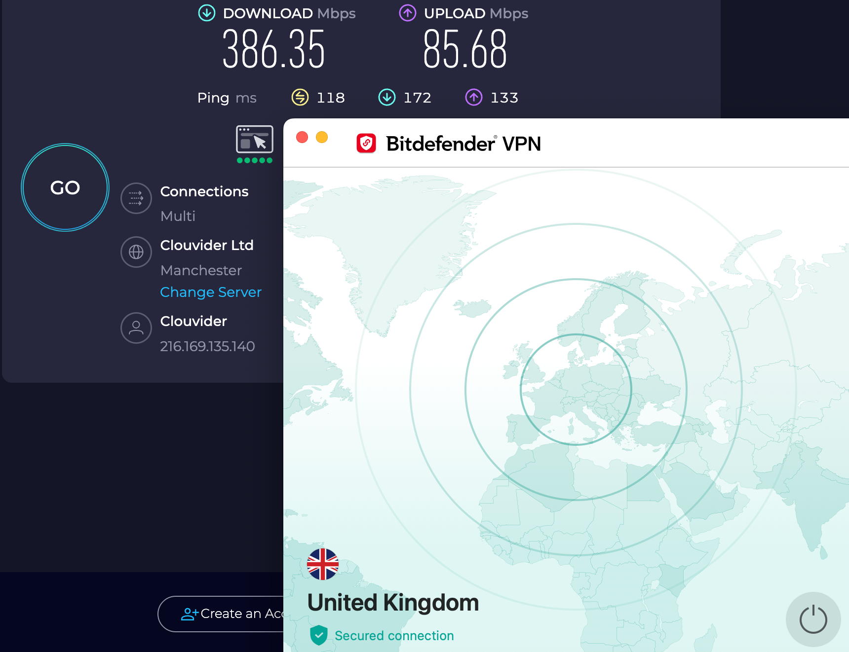 Speed test results for Bitdefender VPN while connected to a server in the U.K. (386.35 download, 85.68 upload, 118 ping)