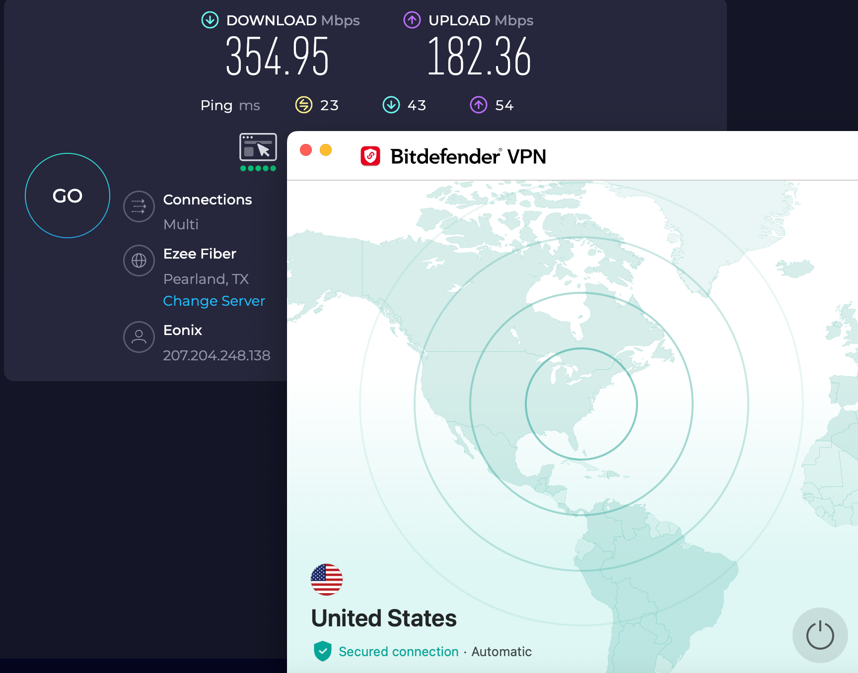 Speed test results for Bitdefender VPN while connected to a server in the U.S. (354.95 download, 182.36 upload, 23 ping)