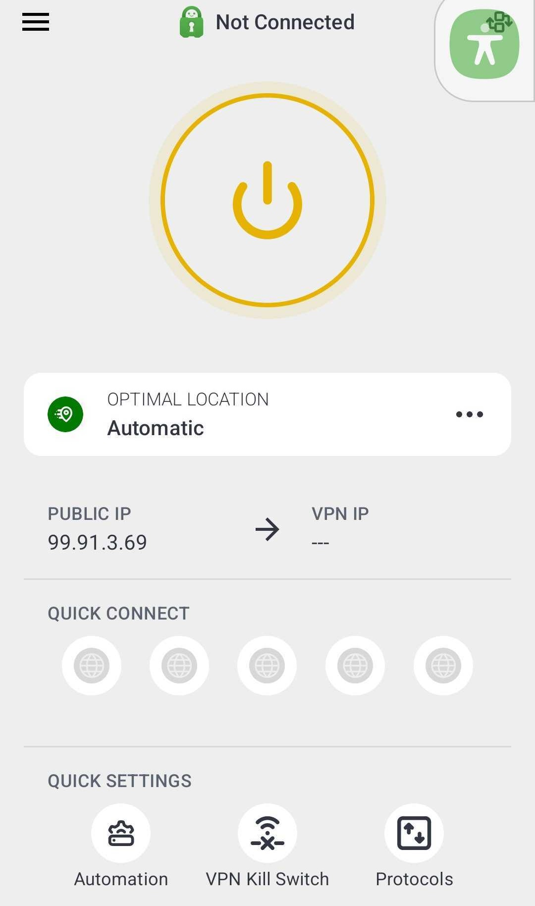 Private Internet Access mobile app dashboard