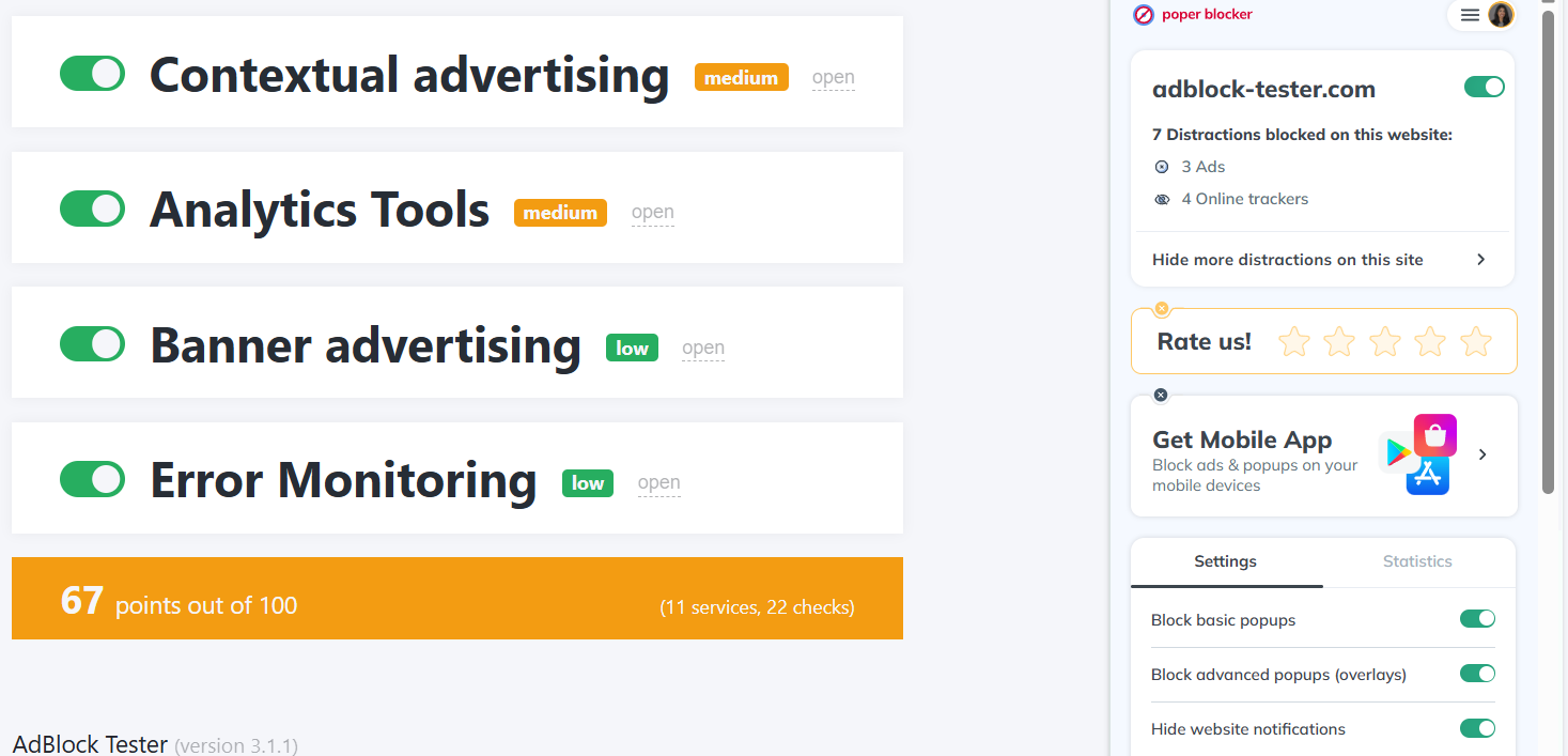 Poper Blocker's AdBlock Tester results (67/100).