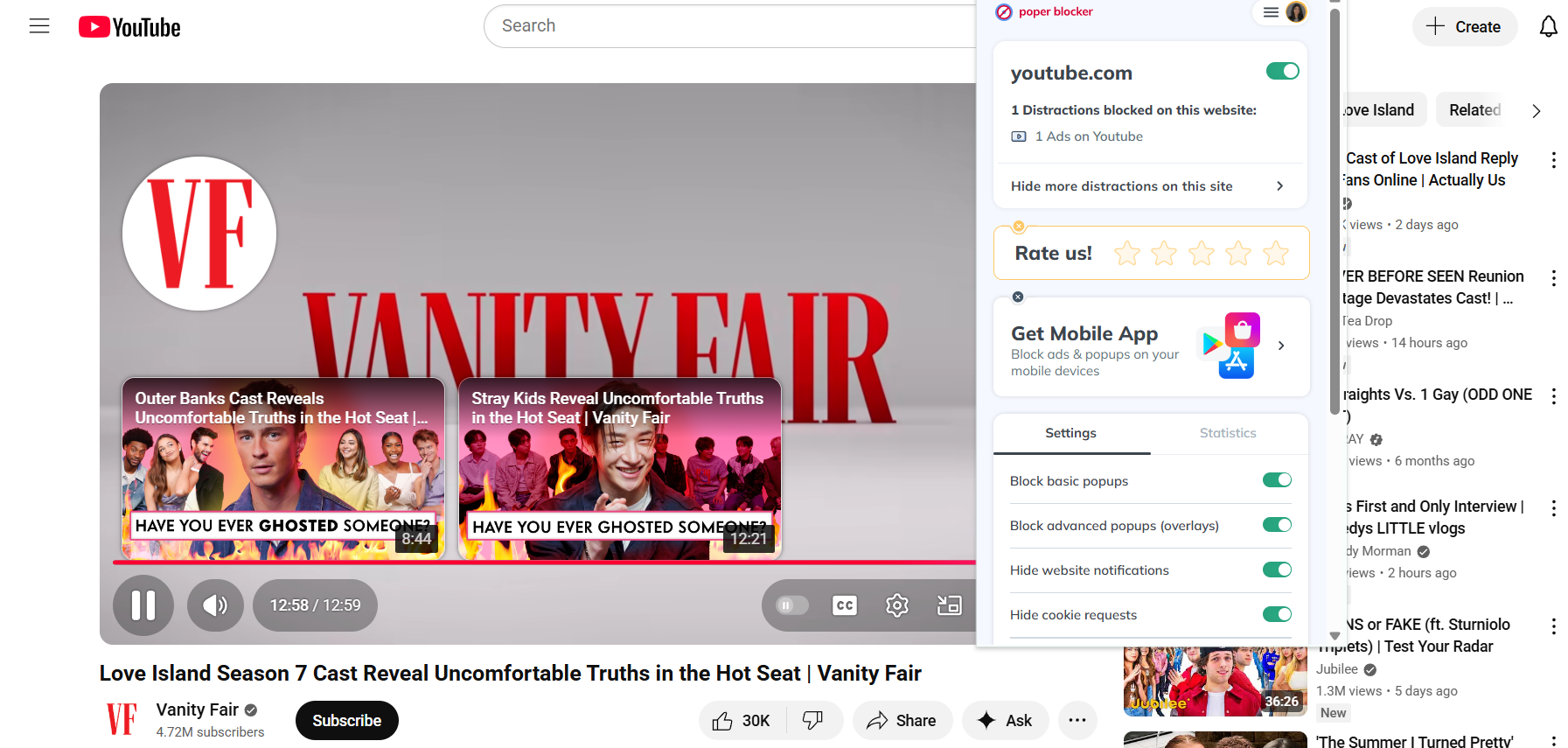 End of a YouTube video with Poper Blocker extension open in the foreground