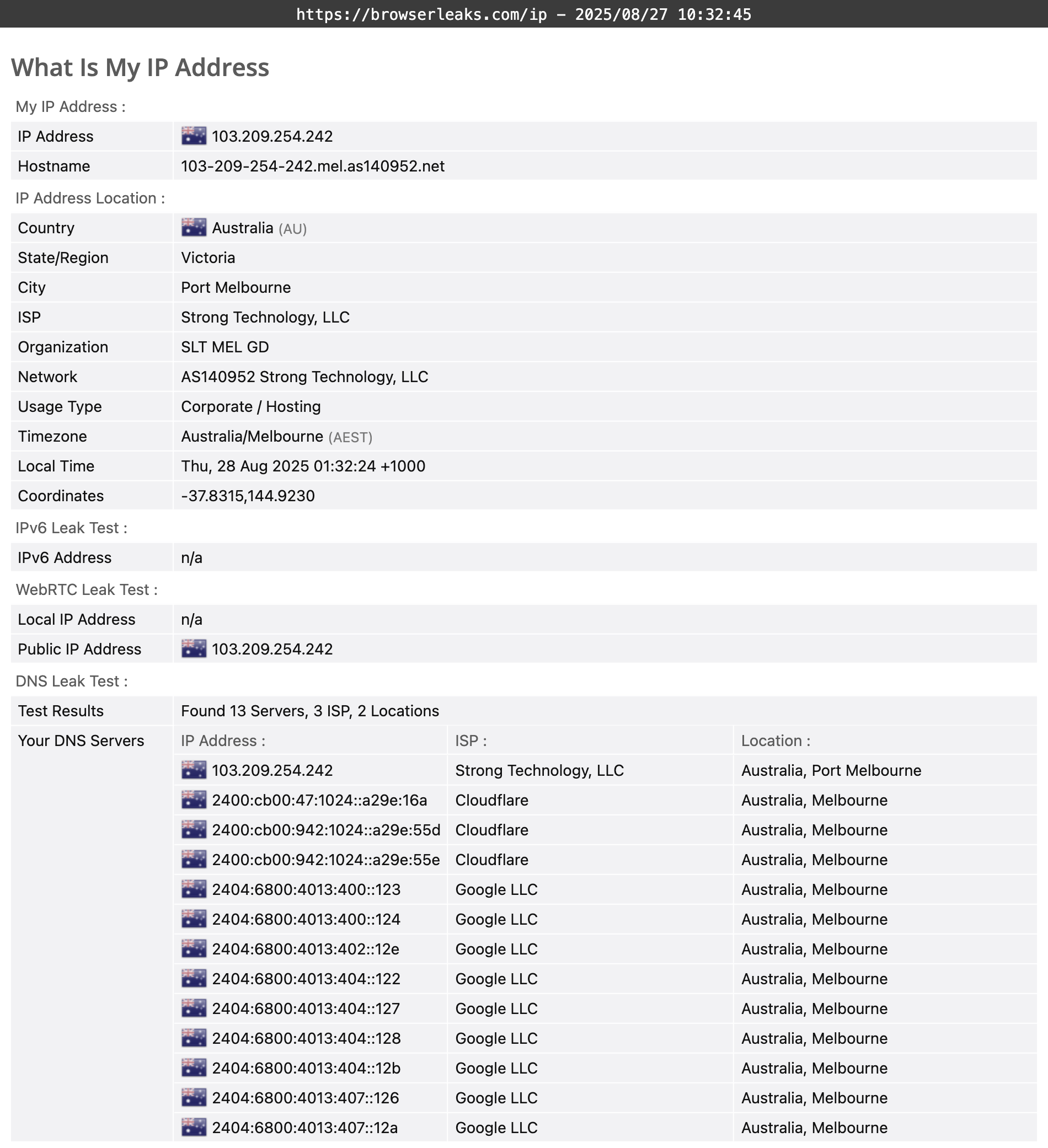 StrongVPN's DNS leak test results (pass). 