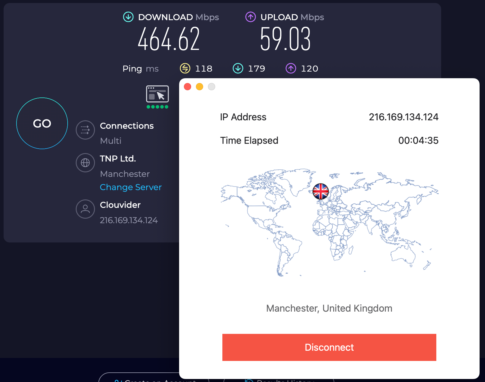 Speed test results for StrongVPN while connected to a server in Manchester (464.62 download, 59.03 upload, 118 latency)