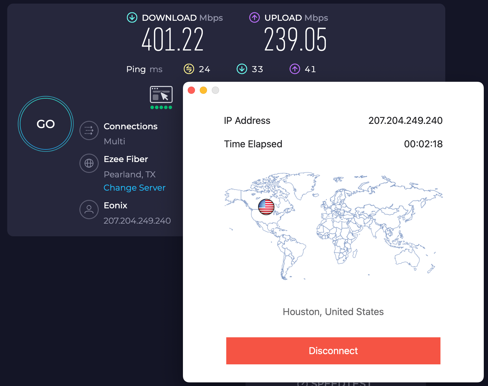 Speed test results for StrongVPN w hile connected to a server in Houston (401.22 download, 239.05 upload, 24 latency)
