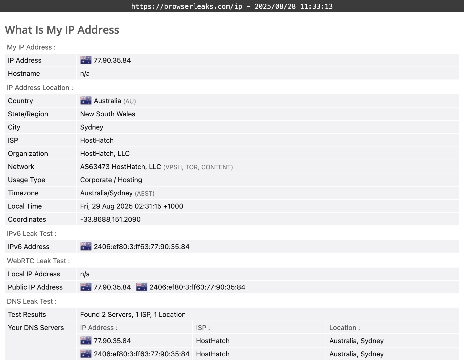 Malwarebytes Privacy VPN's DNS leak test results (pass)