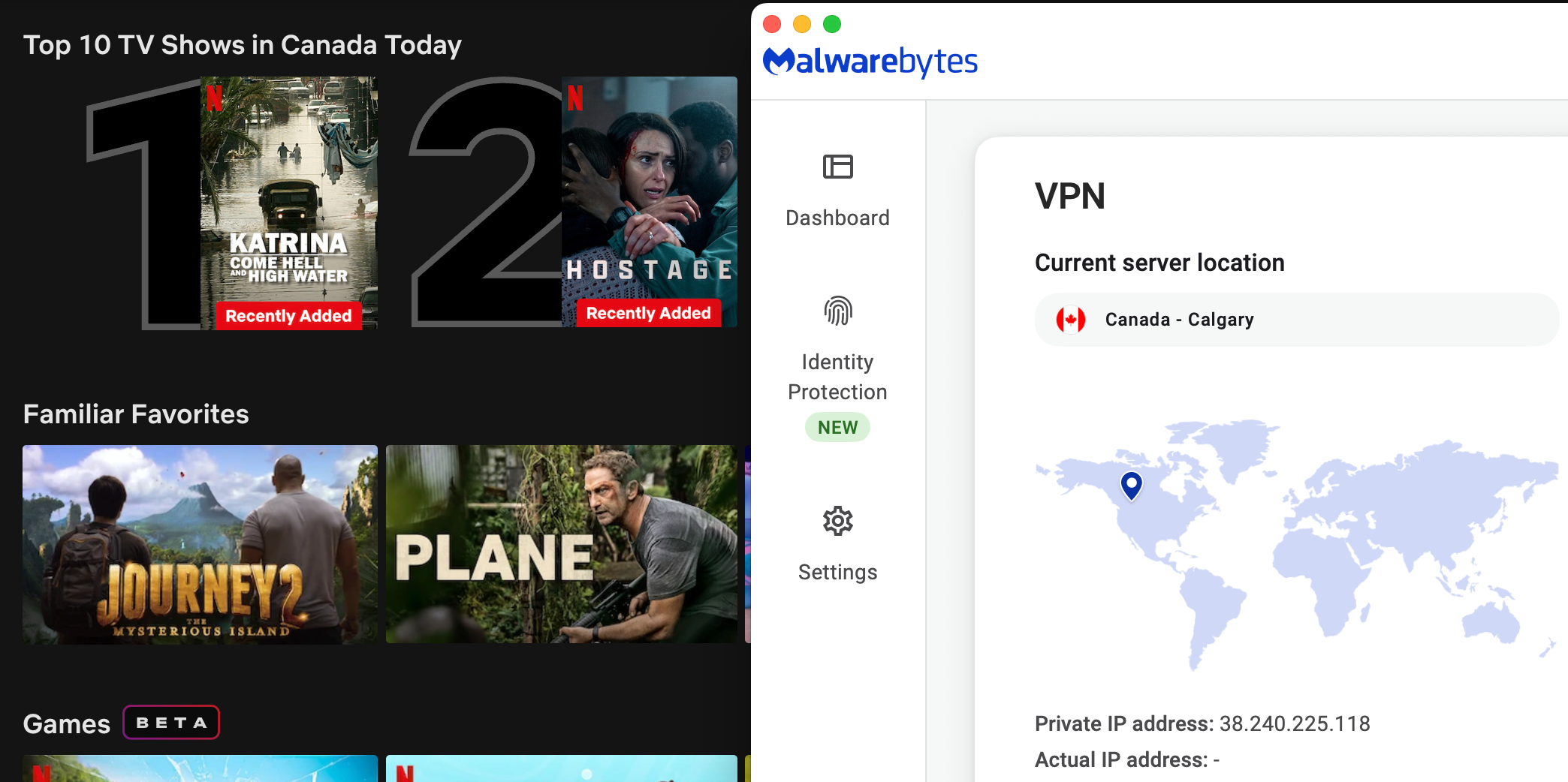 Netflix list of top shows in Canada today with Malwarebytes Privacy VPN in the foreground