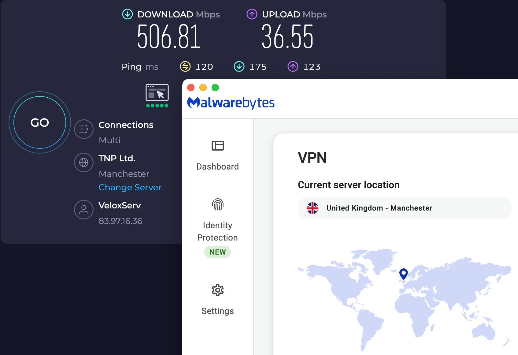Speed test results for Malwarebytes Privacy VPN while connected to a server in London (506.81 download, 36.55 upload, 120 ping)