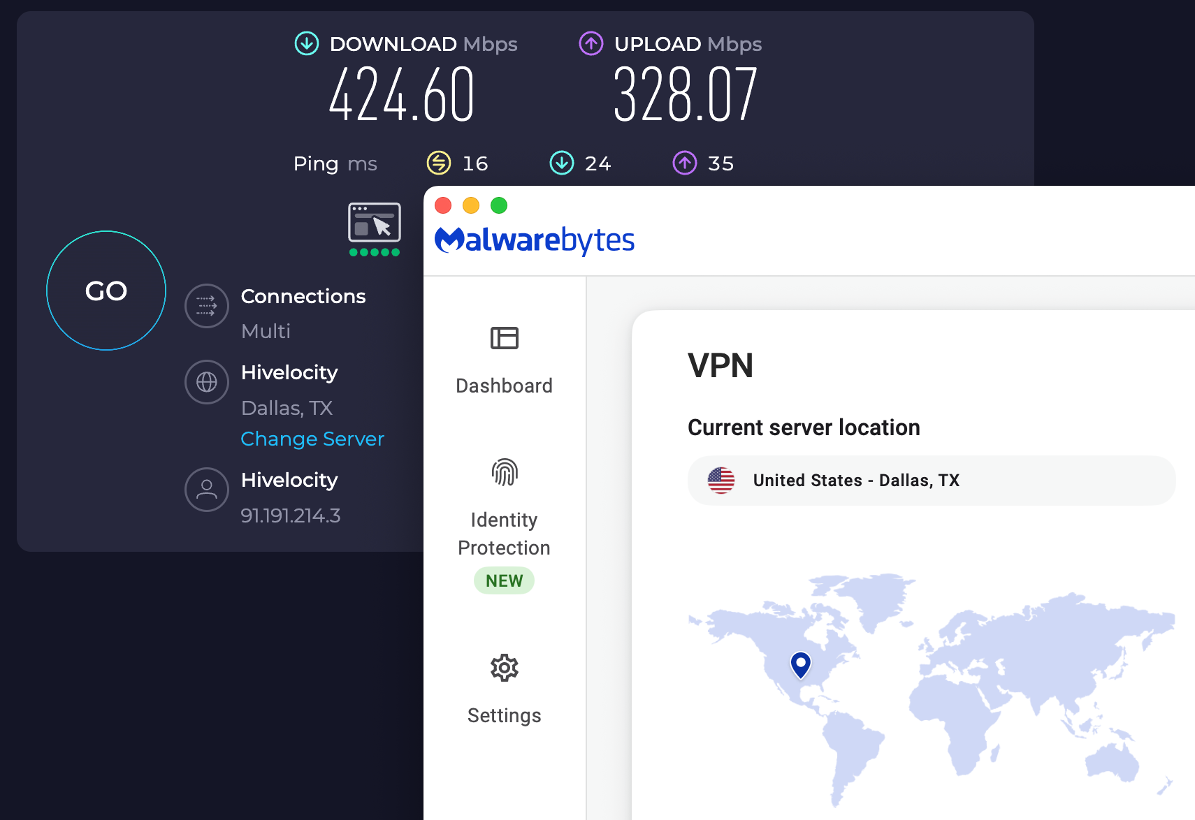 Speed test results for Malwarebytes Privacy VPN while connected to a server in Dallas (424.60 download, 328.07 upload, 16 ping)