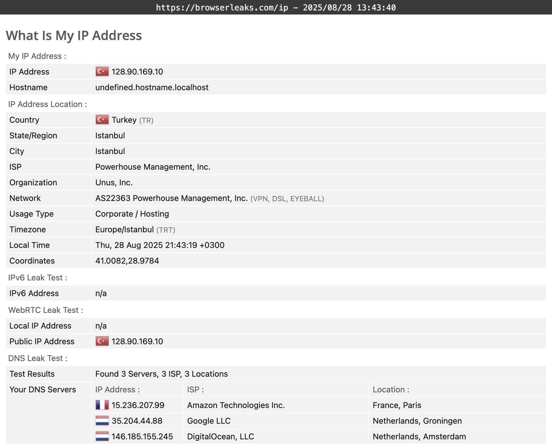 VyprVPN's DNS leak test results (pass).