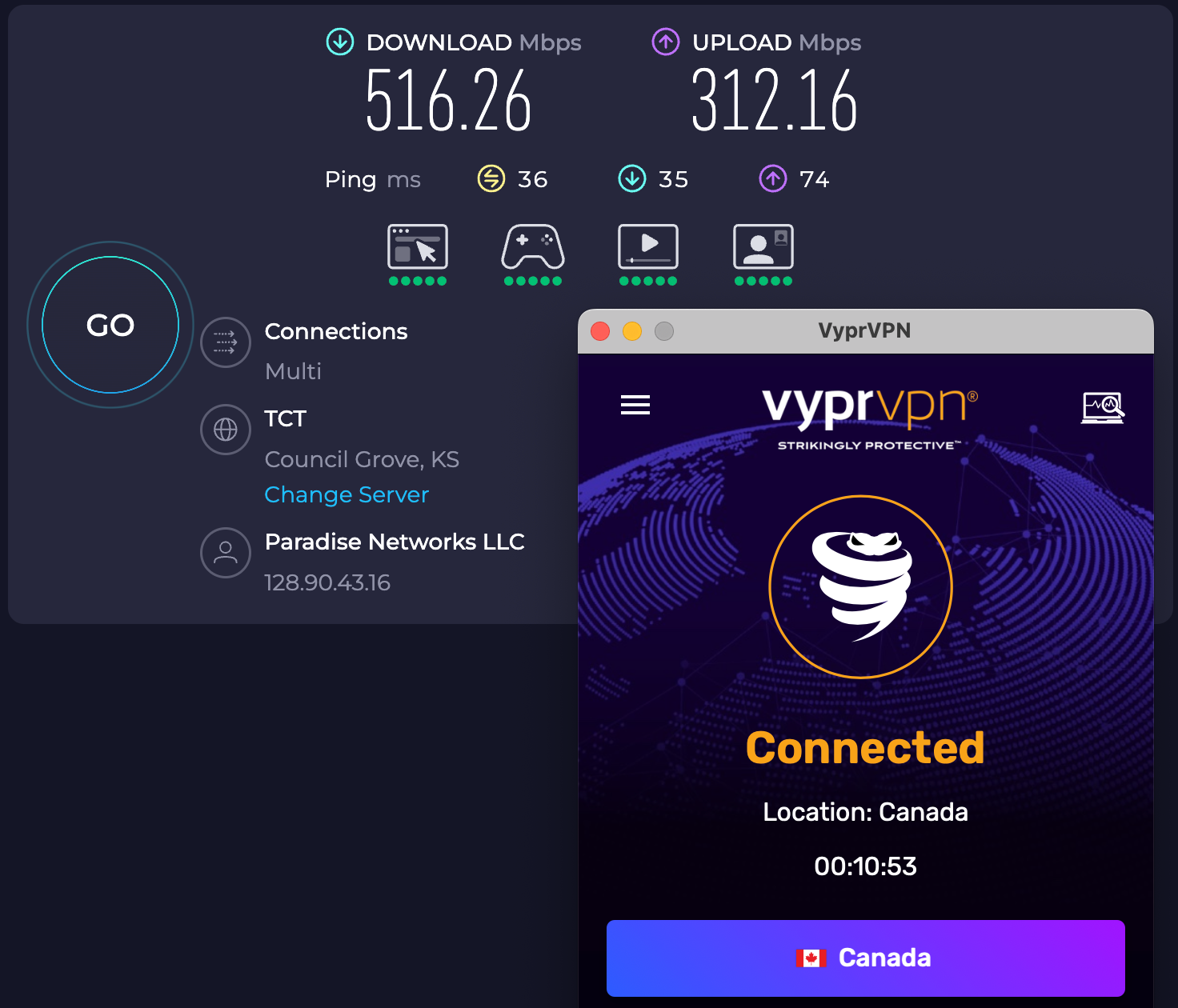 Speed test results for VyprVPN while connected to a server in Canada (516.26 download, 312.16 upload, 36 ping)