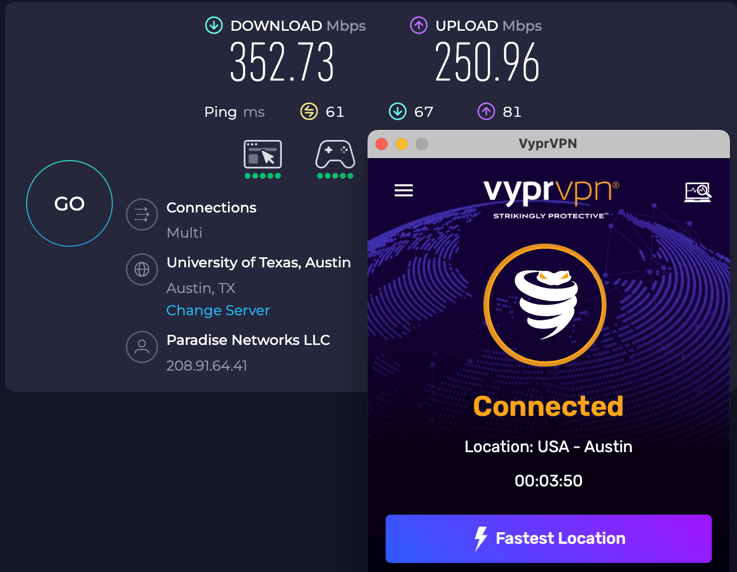 Speed test results for VyprVPN while connected to a server in Austin (352.73 download, 250.9=6 upload, 61 ping)
