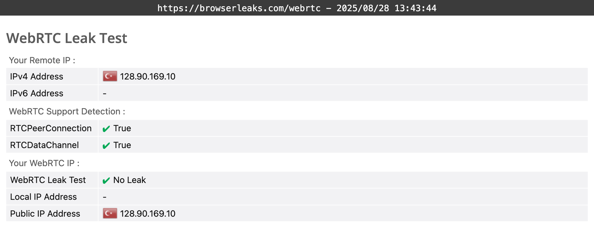 VyprVPN's WebRTC leak test results (pass).