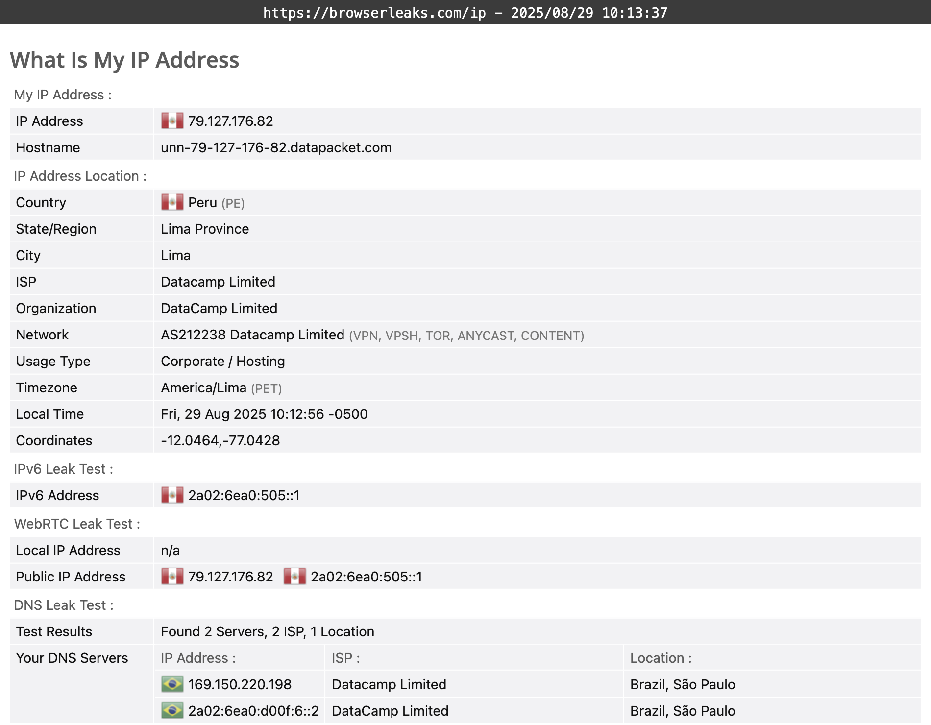 AdGuard VPN's DNS leak test results (passed).