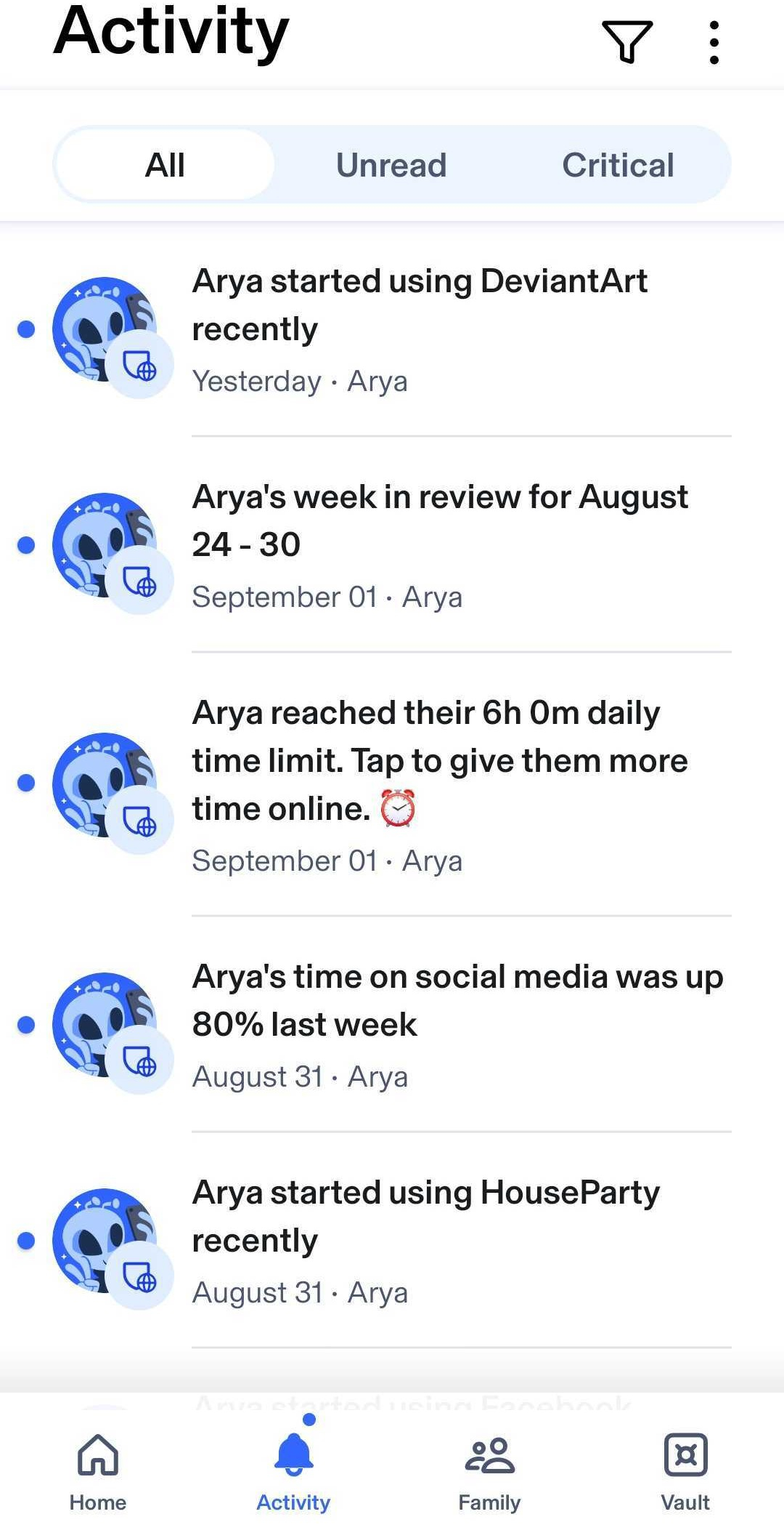 Aura Parental Controls activity alerts