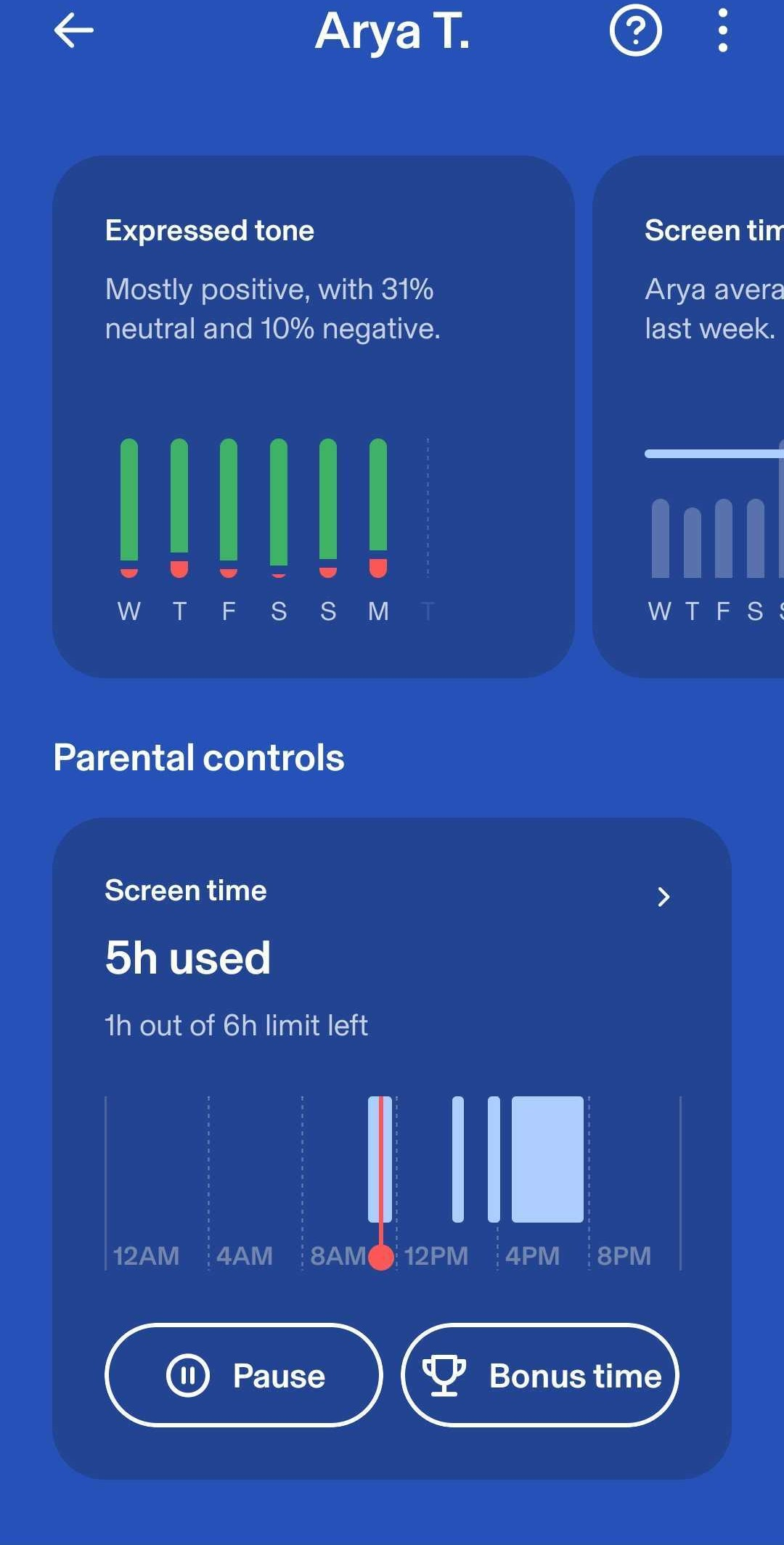 Aura Parental Controls mobile dashboard showing Balance and Screen time summaries