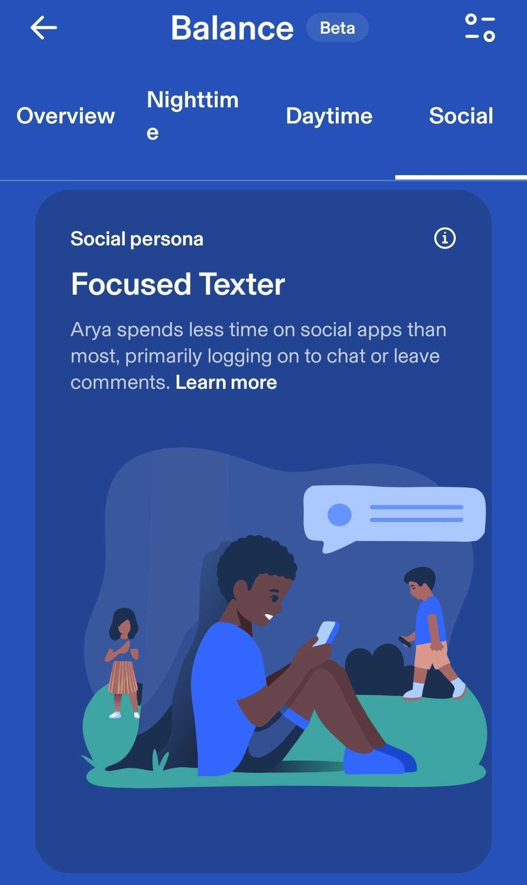 Aura Parental Controls Balance tab showing social persona details (Focused Texter)