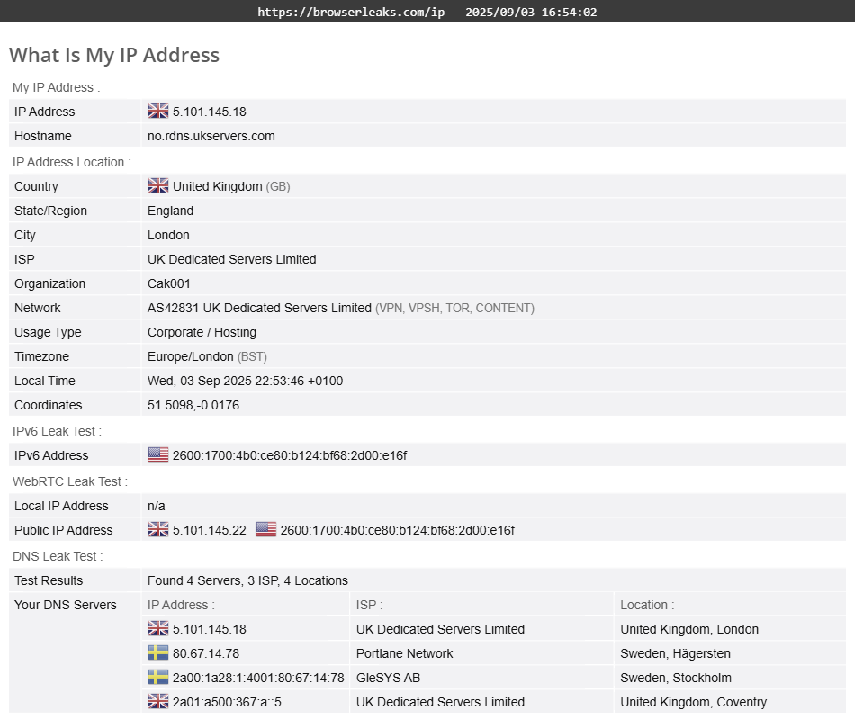 FrootVPN's DNS leak test results (passed).