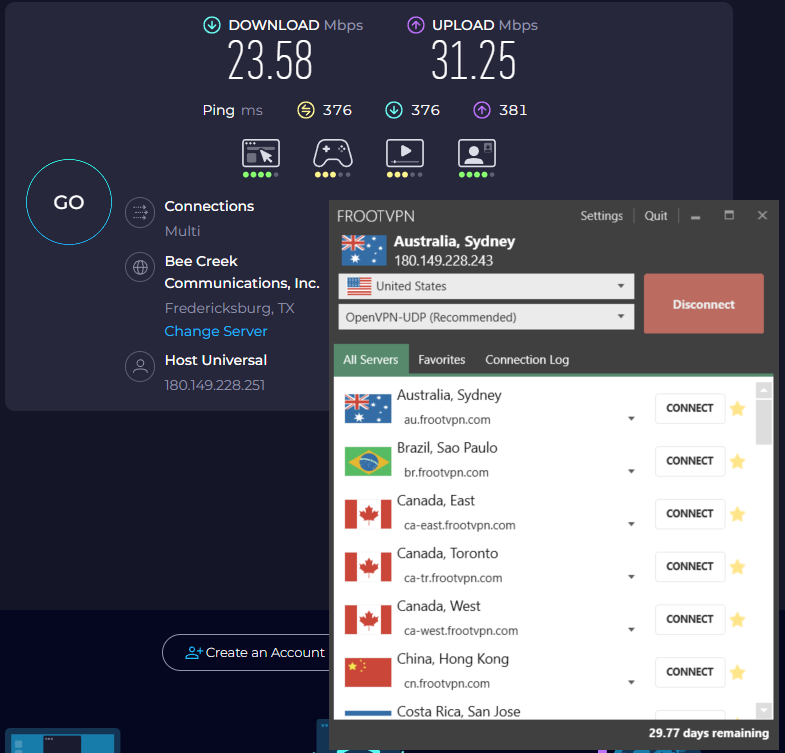 Speed test results for FrootVPN while connected to a Sydney server (22.36 download, 41.32 upload, 193 latency).