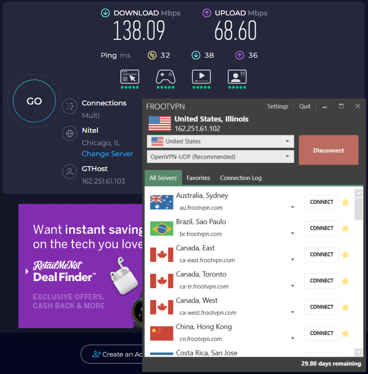 Speed test results for FrootVPN while connected to a server in Chicago (138.09 download, 68.60 upload, 32 latency).