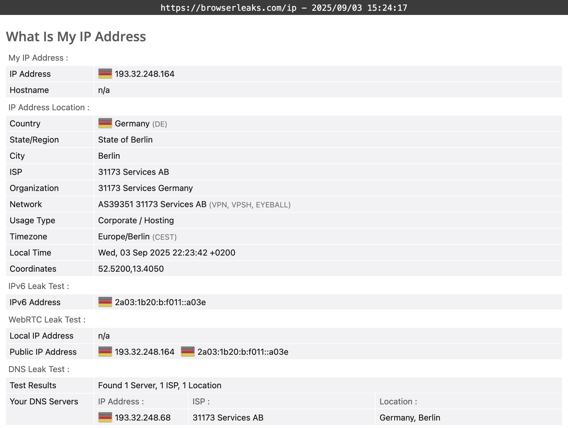 Mozilla VPN's DNS leak test results (passed)