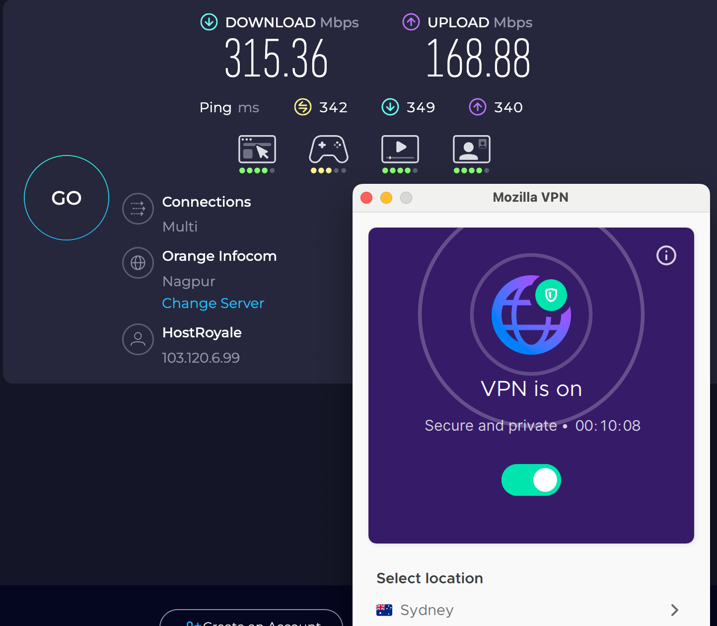 Speed test results for Mozilla VPN while connected to a server in Sydney (315.36 download, 168.88 upload, 342 ping)