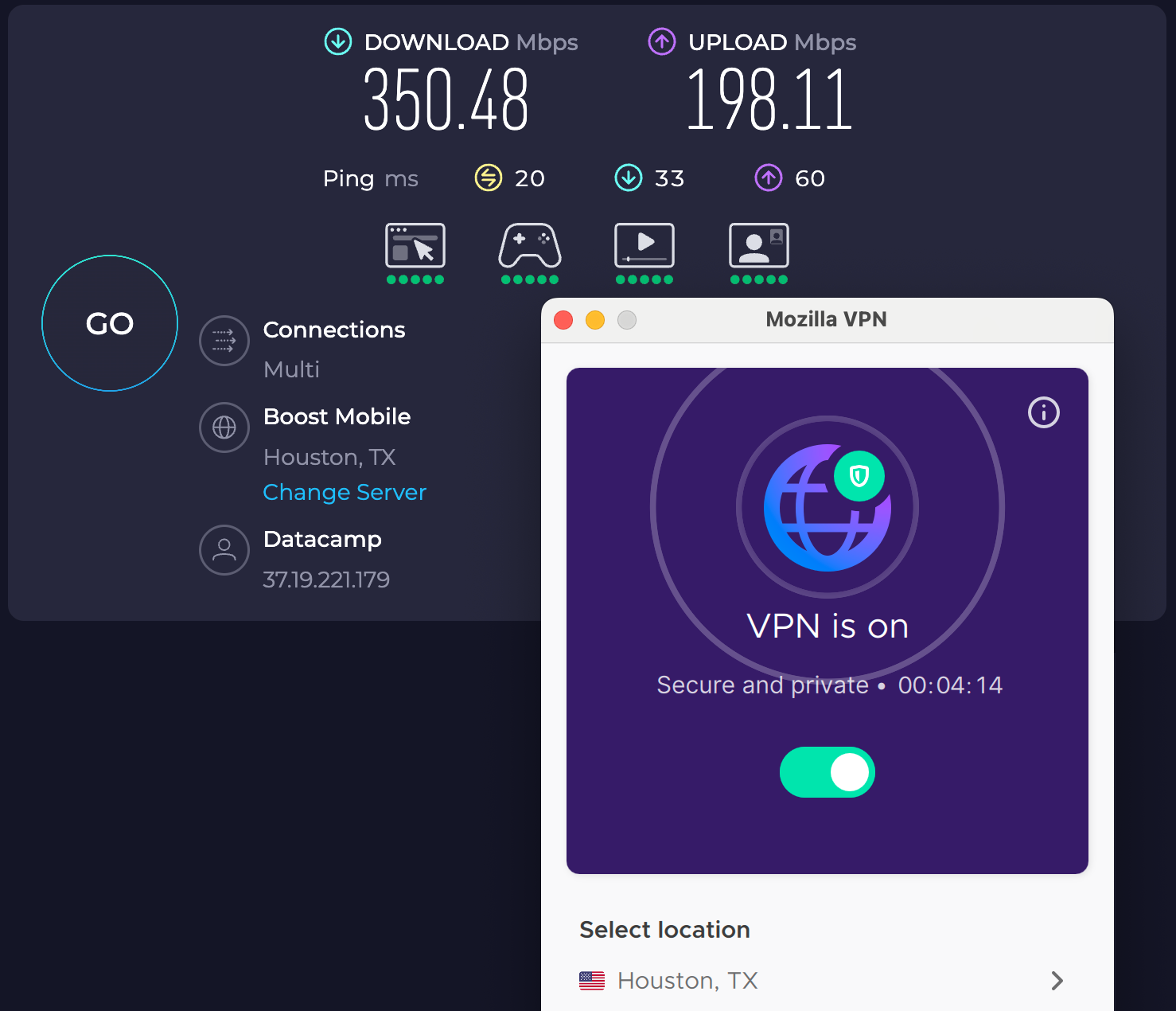Speed test results for Mozilla VPN while connected to a server in Houston (350.48 download, 198.11 upload, 20 ping).