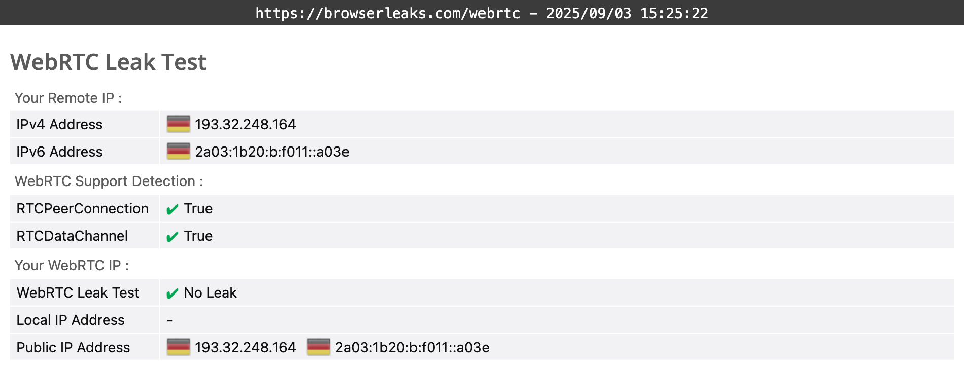 Mozilla VPN's WebRTC leak test results (passed)