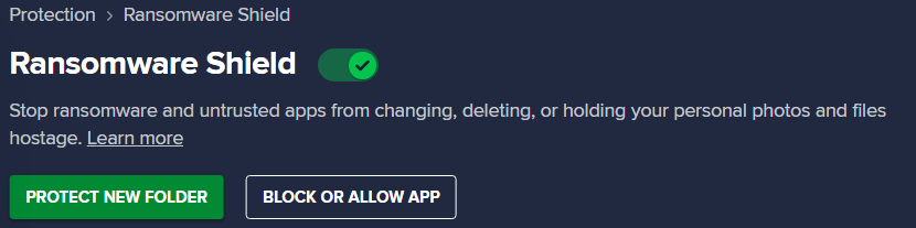 Avast Ransomware Shield tab