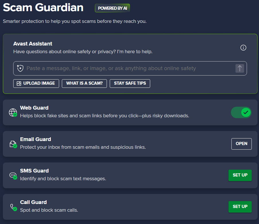 Avast Scam Guardian tab on dashboard