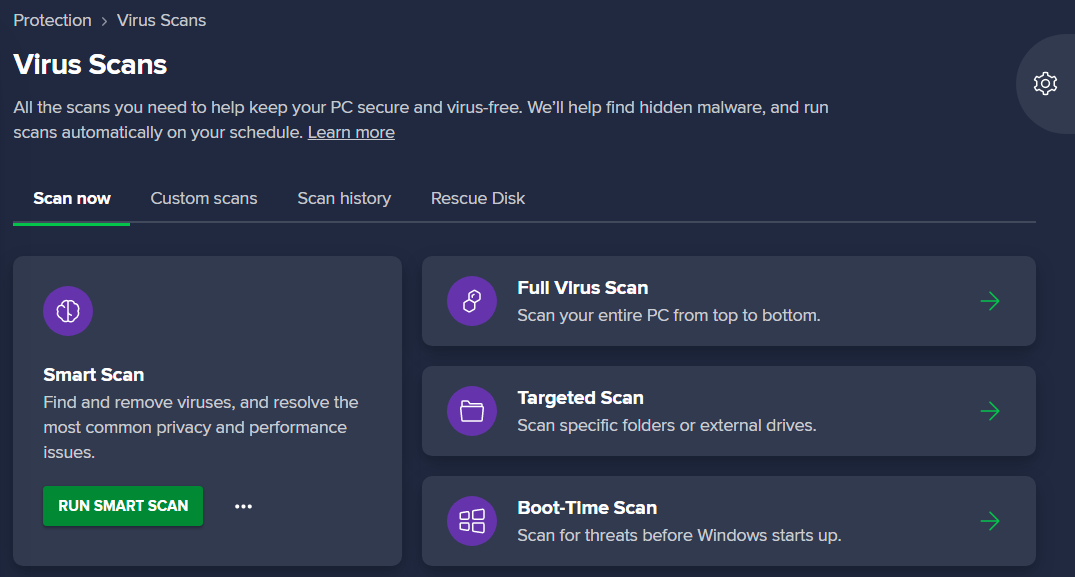 Avast virus scans tab