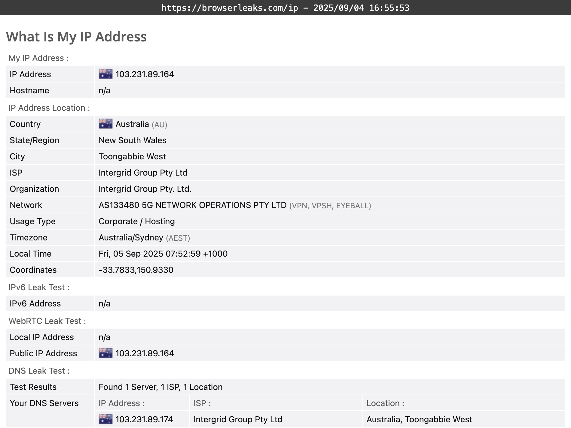 HMA VPN's DNS leak test results (passed).