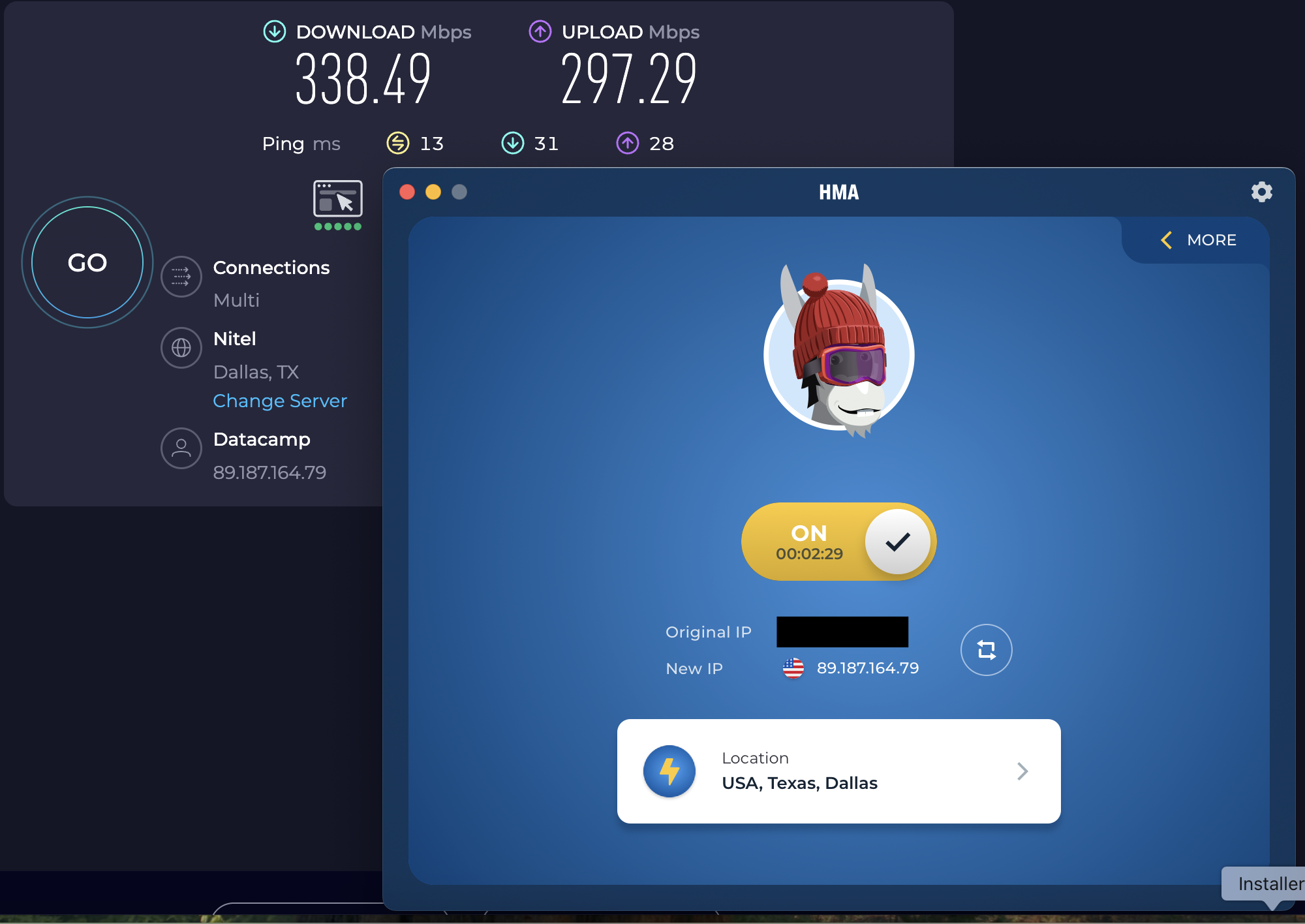 Speed test results for HMA while connected to a Dallas server (338.49 download, 297.29 upload, and 13 latency)