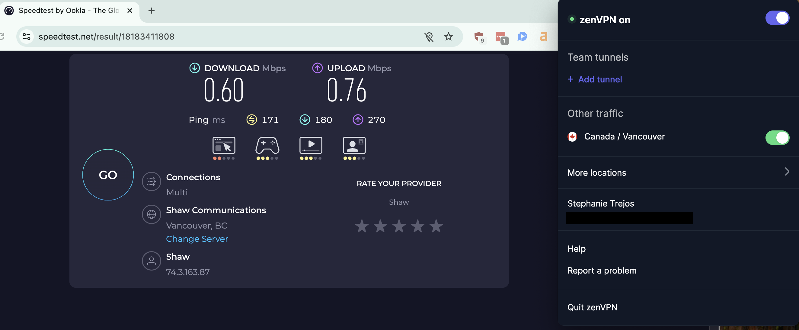 Speed test results for ZenVPN while connected to a server in Canada (0.60 download, 0.76 upload, 171 ping)